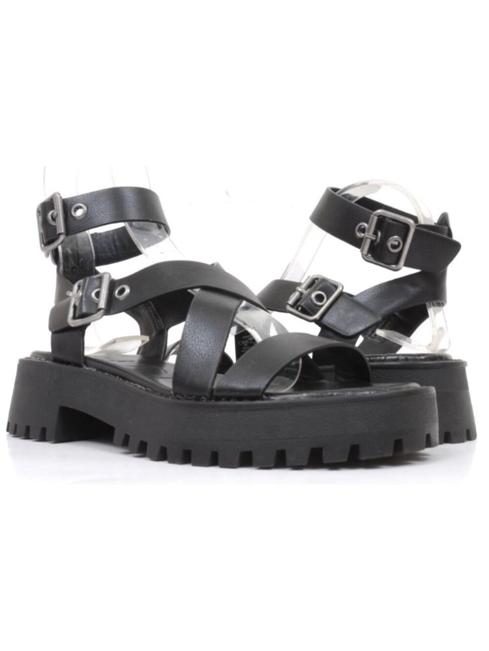 NEW STRADIVARIUS Chunky Sole Track Flatform Sandals Black Vegan Leather 5.5 – 6